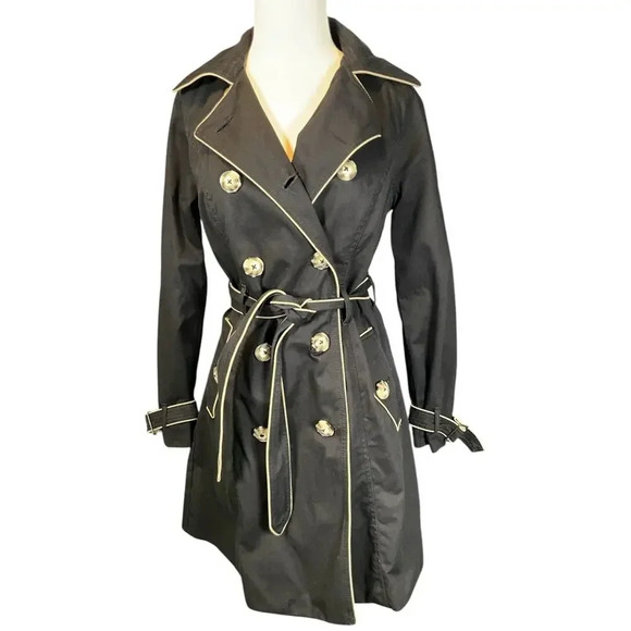 Merona Ladies Small Trench Coat Black /Beige W/Buttons and Belt Water Repellent - Picture 2 of 13